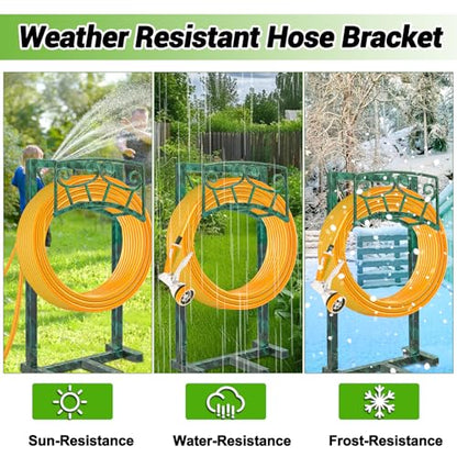 Garden Hose Holder, Heavy Duty Metal Water Hose Holders Hose Stand with 5 Spikes, Freestanding Hose Storage Rack Hose Hanger Holds 150ft Hose for Outside Yard Lawn Garden Decor (Retro Green)