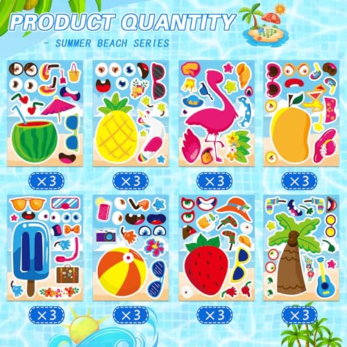 24 Sheets Summer Make a Face Sticker Hawaii Tropical Pool Beach Stickers for Kids, Make Your Own Watermelon Pineapple Flamingo Stickers, Summer Holiday Party Favors - style: Summer Stickers