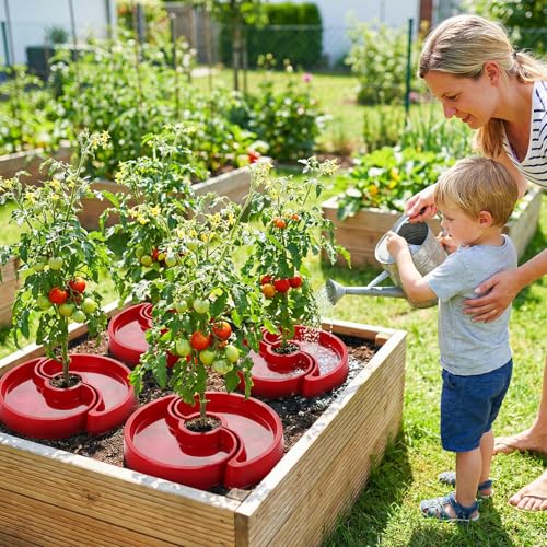5 Sets Tomato Watering Trays, Surrounding Red Tomato Automator Tray, Root Irrigation Trays for Vegetables, Reduce Runoff, Weed Control, Boost Growth for Tomatoes, Peppers & Garden Veggies