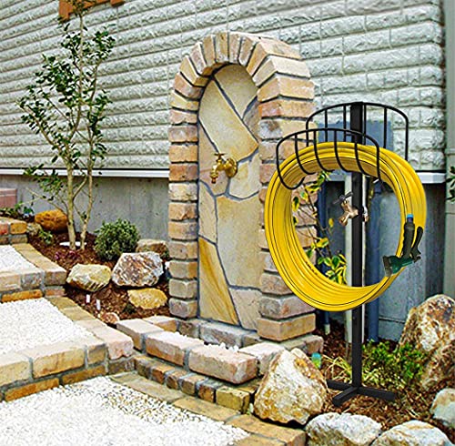 Freestanding Garden Hose Holder Stake with Brass Faucet, Heavy Duty Metal Water Pipe Storage Stand Rack for Outdoor - color: Wave With Faucet