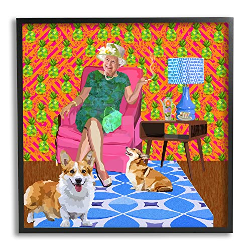 Stupell Industries Modern Queen Corgi Dogs Pineapple Patterned Background, Design by Lynnda Rakos, Black Framed, 24 x 24