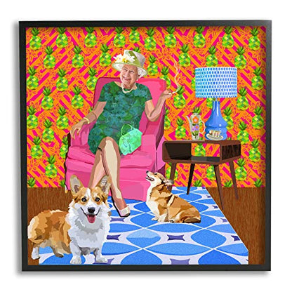 Stupell Industries Modern Queen Corgi Dogs Pineapple Patterned Background, Design by Lynnda Rakos, Black Framed, 24 x 24