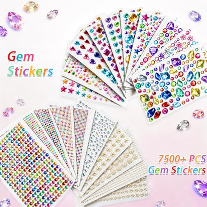 JIUZHU 7500+PCS Jewel Stickers for Crafts, Self Adhesive Gem Stickers Kit, Acrylic Rhinestone Stickers Assorted Shapes for Scrapbooking, Card Making, DIY Projects, Party Decorations