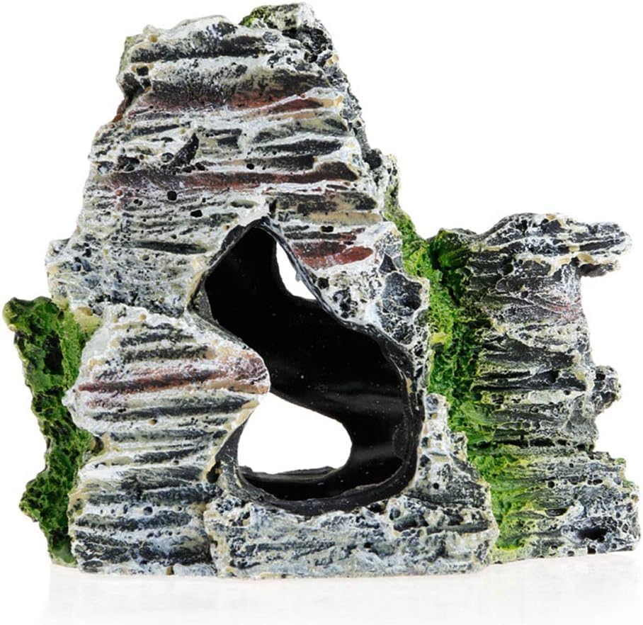 Resin Aquarium Mountain Decor with Moss Rock Cave - Multi-Level Terrain for Fish Tank Landscaping, Natural-Looking Rockery Design with Hidden Cave and Crevices for Shrimp, Reptile Habitat Aquascaping