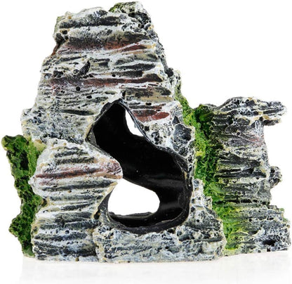 Resin Aquarium Mountain Decor with Moss Rock Cave - Multi-Level Terrain for Fish Tank Landscaping, Natural-Looking Rockery Design with Hidden Cave and Crevices for Shrimp, Reptile Habitat Aquascaping