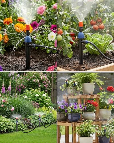 MYMULIKE Drip Irrigation System 99FT – 1/2" Main 1/4" Branch Pipe, Adjustable Drip Emitters & Misting Nozzles, Plug and Play Automatic Watering Kit for Garden, Raised Beds, Lawn, Greenhouse - size: 99FT