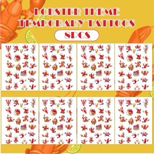 8 Sheets 200+ Crawfish Boil Temporary Tattoos Summer Seafood Lobster Crayfish Shrimp Tattoos Stickers Support Crayfish Boil Theme Birthday Party Favors Gifts Rewards Supplies - color: Crawfish Boil