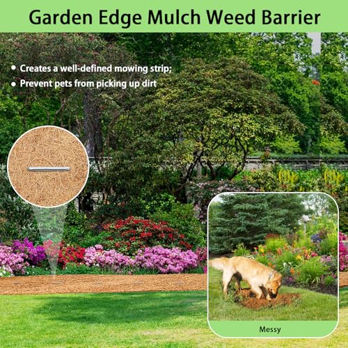 Thick Mulch Roll for Landscaping,120" x 6.5" Coconut Fiber Liner Mulch Mat with 16PCS U-Shaped Steel Stakes and Plant Ties Tape,Natural Coco Liner Pad Garden Edging Border Lawns Weed Barrier - size: 120IN x 6.5IN