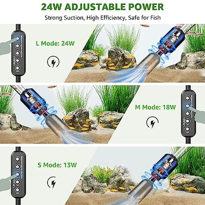 Electric Aquarium Vacuum Gravel Cleaner: 24W Fish Tank Vacuum Gravel Cleaner with Strong Suction for Automatic Water Change Algae Remover Sand Wash Water Shower and Water Circulation, Timed Off