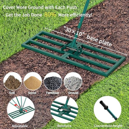 Lawn Leveling Rake Heavy Duty Stainless Steel Lawn Leveling Tool 30”x10” with 78” Adjustable Long Handle Leveling Rake for Soil,Ground,Backyard,Golf Field,Garden Tools Grass Seed Landscaping - style: 30"x10" Medium
