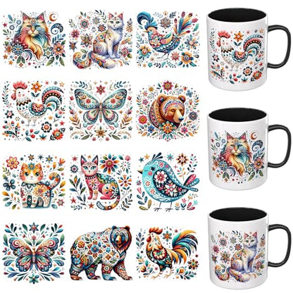 12 PCS UV DTF Cup Wrap Stickers, Folk Art Animal Rub on Transfers for Crafts, Permanent DIY Transfer Decals for 16oz Libbey Glass Cans, Mugs, Candles, Easy to Apply Art Stickers - style: Folk Art Animal
