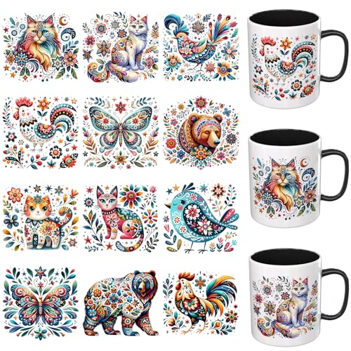 12 PCS UV DTF Cup Wrap Stickers, Folk Art Animal Rub on Transfers for Crafts, Permanent DIY Transfer Decals for 16oz Libbey Glass Cans, Mugs, Candles, Easy to Apply Art Stickers - style: Folk Art Animal