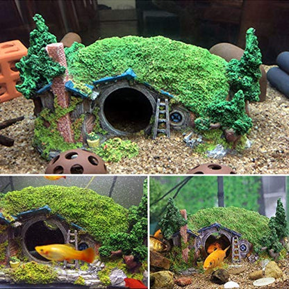 Large Aquarium Decoration Hobbit House Cave, 10.6 * 7 * 5.9 inches Resin Fish Hideout Betta Hiding Reptile Hole Shelter Snake Tank Fish Tank Ornament Rockery Landscaping