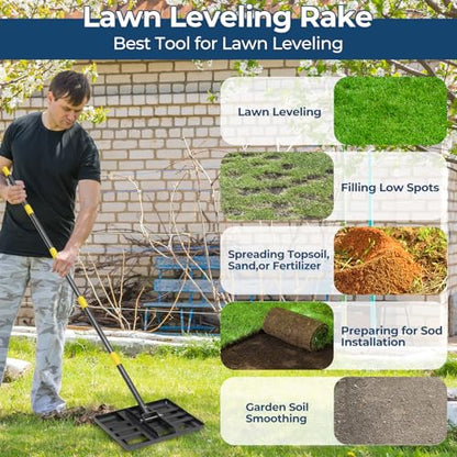Professional Lawn Leveling Rake with 17x10in Heavy-Duty Stainless Steel Head & 72" Adjustable Handle - Grass Leveling Tool for Quick Soil Grading, Thatch Removal and Yard Maintenance - size: 17x10", 72"