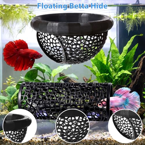 2 Pcs Fish Hammock & Betta Tunnel Set, Aquarium Decorations for Small Fish, Floating Hide & Resting Spot, Black
