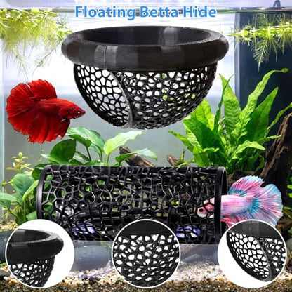 2 Pcs Fish Hammock & Betta Tunnel Set, Aquarium Decorations for Small Fish, Floating Hide & Resting Spot, Black