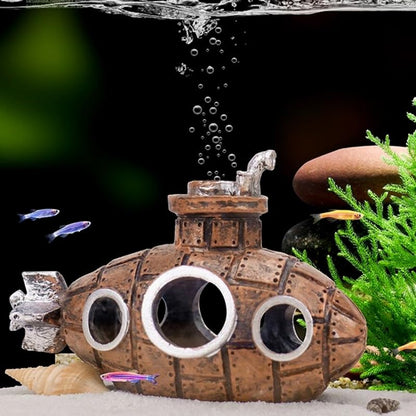 Brown Retro Floating Submarine Ornament for Aquarium - Cute Resin Hovering Decor, Safe Interactive Tank Accessory for Betta, Cichlids, Goldfish, Shrimp, Hermit Crabs