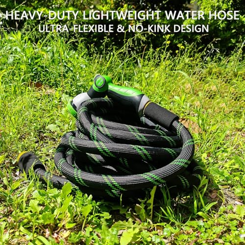Garden Hose 25 FT, NON-EXPANDABLE Heavy-Duty Flexible & Lightweight Water Hose with 10-Function Nozzle, No-Kink, Leak-Proof Super Fabric, Solid Fittings for Lawn, Car, Outdoor (Black Green)