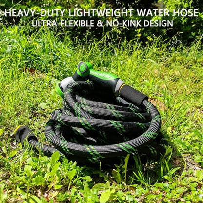 Garden Hose 25 FT, NON-EXPANDABLE Heavy-Duty Flexible & Lightweight Water Hose with 10-Function Nozzle, No-Kink, Leak-Proof Super Fabric, Solid Fittings for Lawn, Car, Outdoor (Black Green)