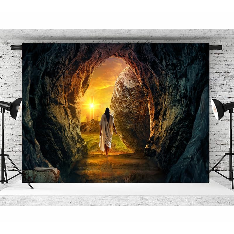 7x5ft He is Risen Resurrection Backdrop Jesus Leaving Tomb Christian Easter Photography Background for Church Sunday Service Religious Photo Decor 296