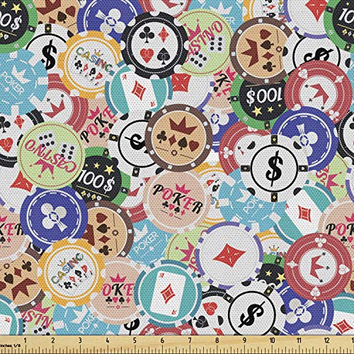 Lunarable Poker Fabric by The Yard, Colorful Gambling Chips with Various Designs Cartoon Style Casino Themed Illustration, Decorative Fabric for Upholstery and Home Accents, 2 Yards, Pastel Pink - color: Pastel Pink, size: Upholstery Fabric 2 yards