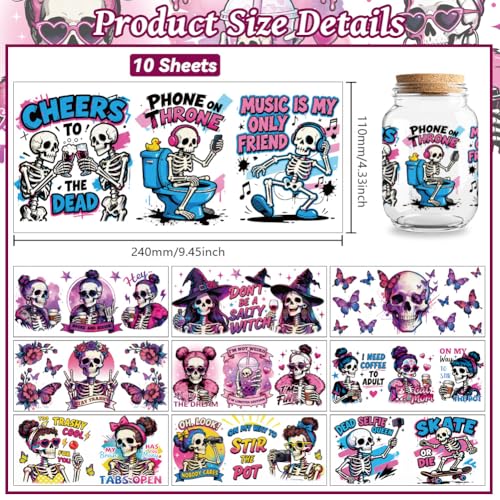 UV DTF Cup Wraps Transfer Stickers Humorous Skull Pattern, 10 Sheets Waterproof Custom Vinyl Transfer Sticker 16oz Coffee Glass Cup Tumbler Bottle Mug Decals for Men Women - style: Humorous Skull