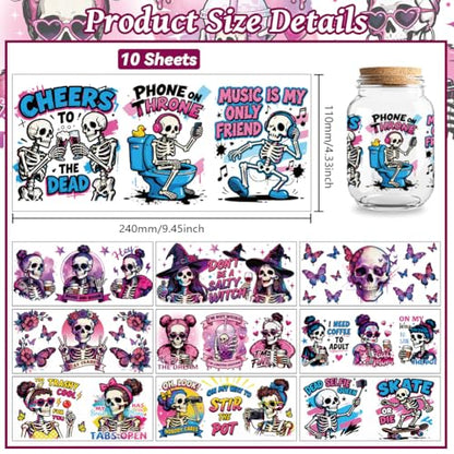 UV DTF Cup Wraps Transfer Stickers Humorous Skull Pattern, 10 Sheets Waterproof Custom Vinyl Transfer Sticker 16oz Coffee Glass Cup Tumbler Bottle Mug Decals for Men Women - style: Humorous Skull