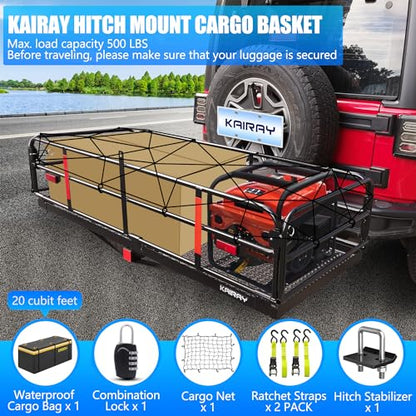 KAIRAY 500 Lbs Heavy Duty Hitch Mount Cargo Carrier 60"x24"x14.4" Folding Rear Luggage Rack Basket Fits 2" Receiver for Car SUV Camping Traveling with Stablizer Waterproof Bag Net Ratchet Straps Lock - size: Cargo Bag + Hitch Cargo Basket - 60" x 24" x 14