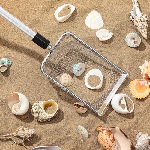 4 Pcs Beach Sand Sifter Set, Adjustable Long Handle Shell Scoop, Shark Tooth Sifter Mesh Shovel for Family Seashell Collecting, Sea Glass Hunting and Beach Treasure Fun - color: Gray, size: 22-42 Inch, style: Square