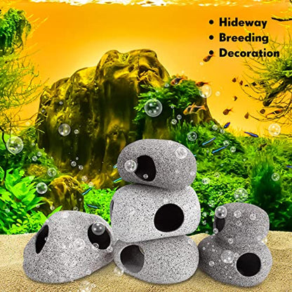 10 Pieces Aquarium Hideaway Rock Cave Stackable Fish Tank Decorations for Aquatic Pets to Breed, Play and Rest, Ceramic Shelters for Small Fish, Betta Cave Shrimp Habitat, Breeding Tube (Rustic)