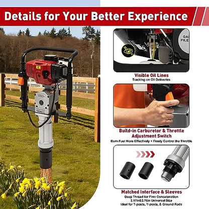 Bepritm 52cc Gas Powered T Post Driver, Fence Post Pile Driver Gasoline Piling 2-Stroke Engine w/2 Post Driving Heads, Portable Petrol Piledriver Handheld 6500RPM (52CC 2 Stroke Style A) - color: 52cc 2 Stroke Style a