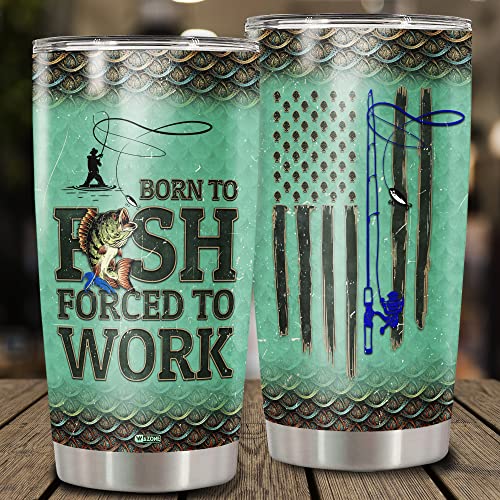 WAZONE Fishing Insulated Tumbler Cup 20oz American Flag Vacuum Travel Mug Stainless Steel Born To Fish Forced To Work Funny Gifts Birthday Presents Christmas for Dad Men Fisherman