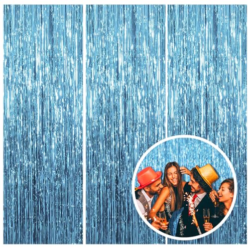 3 Pack Blue Backdrop Party Streamers Ocean Themed Decor Birthday Party Decorations Foil Fringe Backdrop Curtain Graduation Baby Shower Bachelorette Winter Holiday Party Decorations Supplies - color: Light Blue
