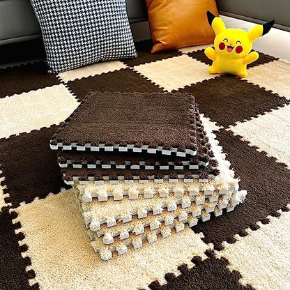 12pcs Tiled Puzzle Play Mats Interlocking Shaggy Soft EVA Foam Mats Protective Floor for Children Kids Room Home Parlor Bedroom(Brown) - color: Brown