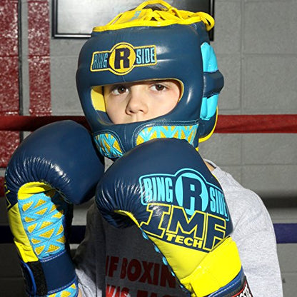 Ringside Youth Deluxe Face Saver Boxing Muy Thai MMA Sparring Head Protection Kids Headgear - color: Navy/Yellow, size: Large