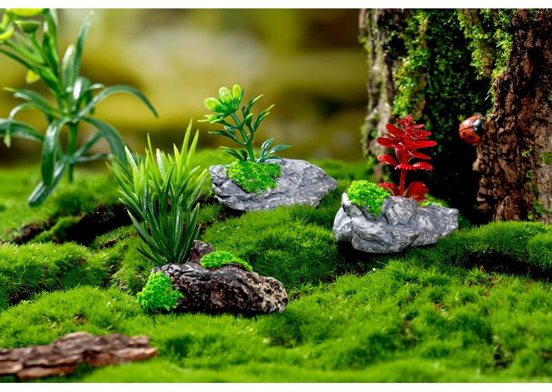 4Pcs Miniature Artificial Stone Rocks and Trees with Plants – Decorative Landscape Ornaments for Fairy Garden Accessories, Aquarium Decorations, Glass Dome Displays, DIY Craft Projects, Tabletop Décor