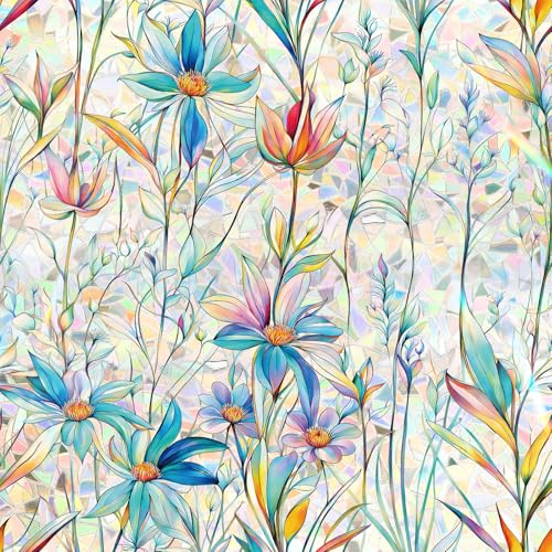 FINNEZ Window Privacy Film Stain Glass Film Flowers Rainbow Window Film Window Clings Non-Adhesive Reusable Decorative for Home（Blue Lotus，17.5 Inch x 6.5 Feet） - color: Blue Lotus, size: 17.5 Inch x 6.5 Feet