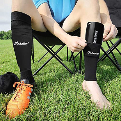 Malker Soccer Shin Guards for Kids Youth Adults Shin Guards Pads with Sleeves, Lightweight and Compact, Protective Soccer Equipment - color: Black, size: Medium