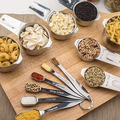 13-piece Measuring Cups and Spoons Set, 18/8 Stainless Steel Heavy Duty Ergonomic Handle with Ring Connector, Silver - color: Silver, size: 13 Piece