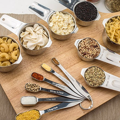 13-piece Measuring Cups and Spoons Set, 18/8 Stainless Steel Heavy Duty Ergonomic Handle with Ring Connector, Silver - color: Silver, size: 13 Piece