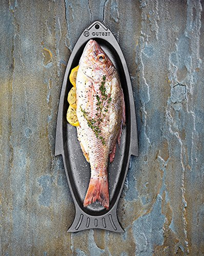 Outset Cast Iron Fish Grill and Serving Pan, 18.9 x 7.28 x 0.98 inch BBQ and Oven Safe Fish Cooking Pan - color: Black, size: 18.9 x 7.28 x 0.98 inches