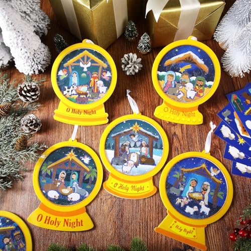 Frienda 48 Set Christmas Shaking Nativity Snow Globe Craft Kit Make a Jesus Birth Snowglobe Stickers Ornament Bulk with Glitter Sequins Papers for Xmas Tree Decor Religious Classroom Game Activities - style: Holy Night