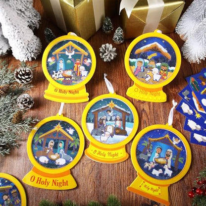 Frienda 48 Set Christmas Shaking Nativity Snow Globe Craft Kit Make a Jesus Birth Snowglobe Stickers Ornament Bulk with Glitter Sequins Papers for Xmas Tree Decor Religious Classroom Game Activities - style: Holy Night