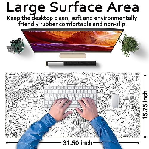 Desk Mat Large Gaming White Mouse Pad Minimalist Topographic Map Desk Mat Extended XL Mousepad 31.5x15.7 in Anti-Slip Desk Pad Keyboard Mousepad Stitched Edges Large Mouse Pad Grey - color: Grey
