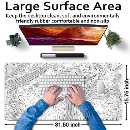 Desk Mat Large Gaming White Mouse Pad Minimalist Topographic Map Desk Mat Extended XL Mousepad 31.5x15.7 in Anti-Slip Desk Pad Keyboard Mousepad Stitched Edges Large Mouse Pad Grey - color: Grey