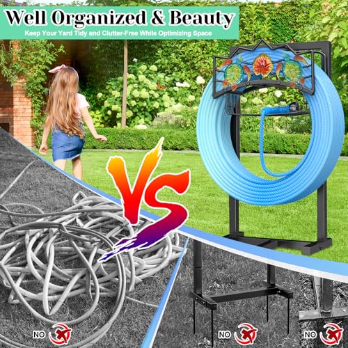 Garden Water Hose Holder with 5 Spikes, Upgraded Freestanding Heavy Duty Hose Hanger Holds 150-feet Hose, Sturdy Hose Stand Storage Rack for Outside Yard Lawn (Black - Turtle)