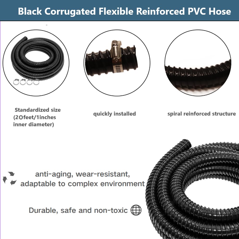Pond Tubing 1" 20FT Length, Black Corrugated Flexible Reinforced PVC Hose for Pond Pump Fountain Garden Waterfall with 4 Stainless Clamps ﻿