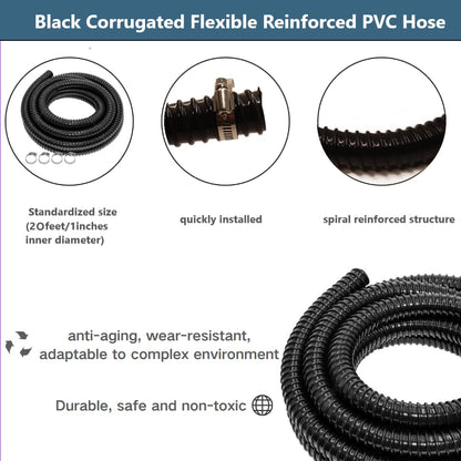 Pond Tubing 1" 20FT Length, Black Corrugated Flexible Reinforced PVC Hose for Pond Pump Fountain Garden Waterfall with 4 Stainless Clamps ﻿