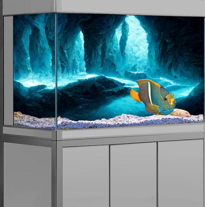 30X18 Inches Fish Tank Background, Underwater Cave Terrarium Background Decor, Blue Landscape Stone Durable Polyester Background with 8 EVA Double-Sided Tapes