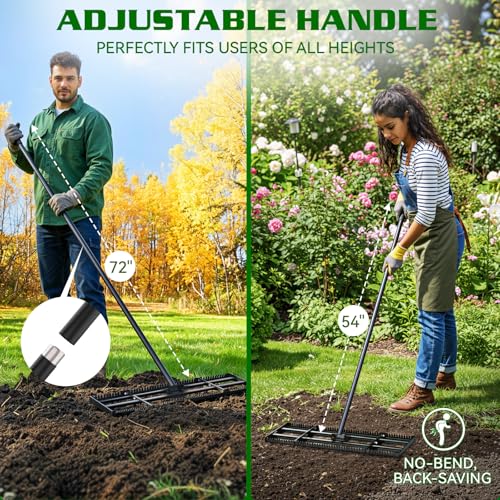 Housolution 32"x10" Lawn Leveling Rake with Serrated Edge & Smooth Plate, Heavy-Duty Stainless Leveling Rake with 72" Adjustable Handle, Serrated Rake for Soil/Dirt/Compost/Dead Grass/Gravel